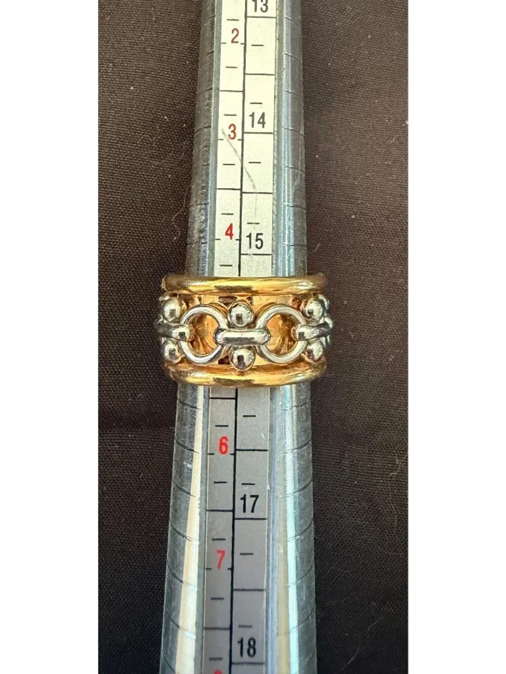 Goldtone Chain-Link Statement Ring Size 5 With Silver Accents